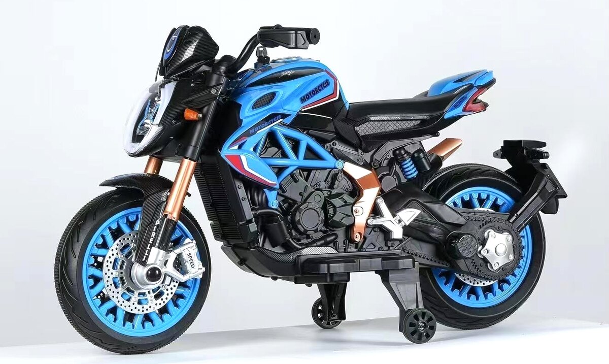 Apex 12V ride-on sport motorcycle in cobalt blue with training wheels